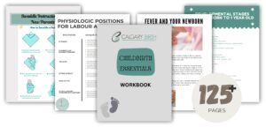 Website mockup showing 132-page workbook and worksheets offered with classes