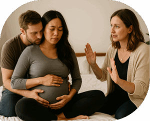 pregnant woman sitting cross-legged, eyes closed, holding her tummy, her partner holding her from behind, also holding her tummy with eyes closed. Instructor with open hands giving instructions