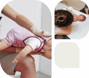 instructor demonstrating first-aid method for choking babies with a baby doll, reframe of a mother observing her newborn baby who's laying on an examination table