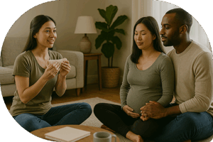Pregnant mother sitting cross-legged with eyes closed, her partner sitting behind her, holding her hand, and an instructor explaining something